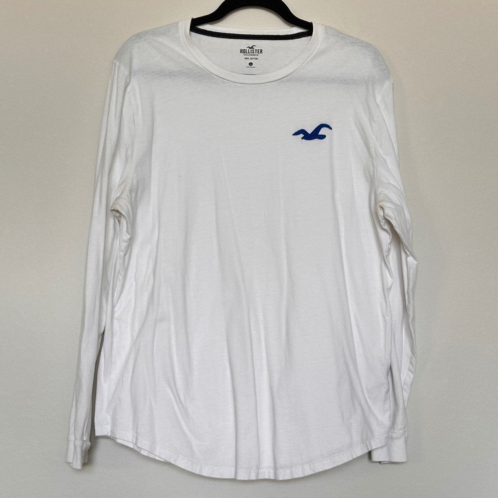 Hollister Mens XL White Long Sleeve T-Shirt Blue Seagull Logo 100% Cotton